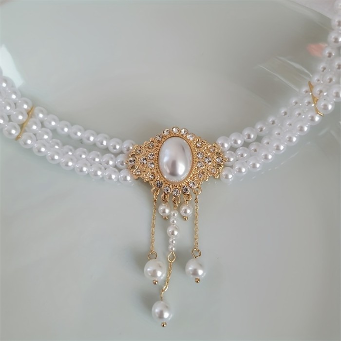 Elegant Vintage Oval Faux Pearl Tassel Decorative Necklace Baroque Style Neck Jewelry Gift