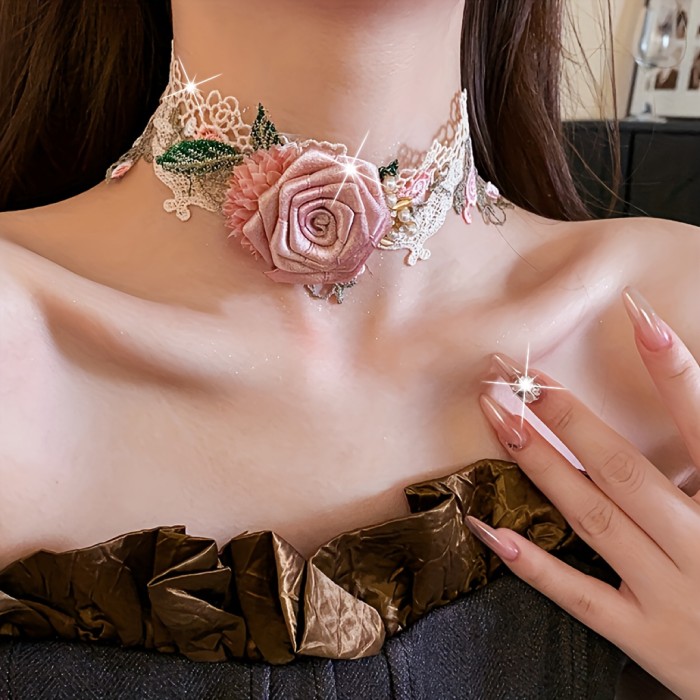 🌹 Sweet Fabric Rose Flower Necklace - Niche Romantic High-End Women's Necklace