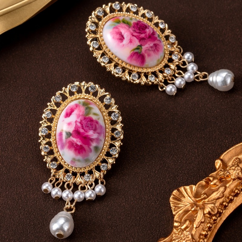 💎 Vintage Court Style Tassel Earrings - Irregular Faux Pearl & Rhinestone Floral Oval Statement Earrings