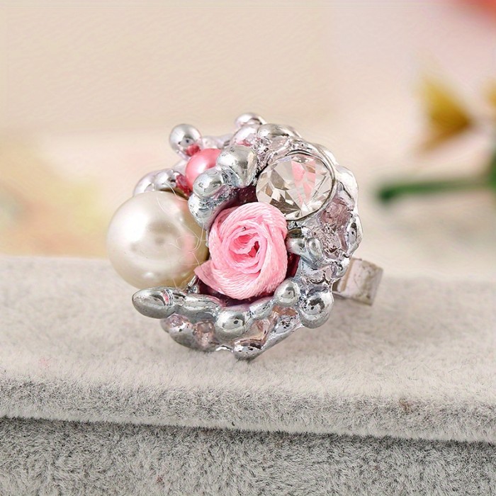 Korean Fashion Rose Opening Adjustable Ring Simple Temperament Elegant Trendy Exaggerated Inlaid Ring Birthday Gift for Women