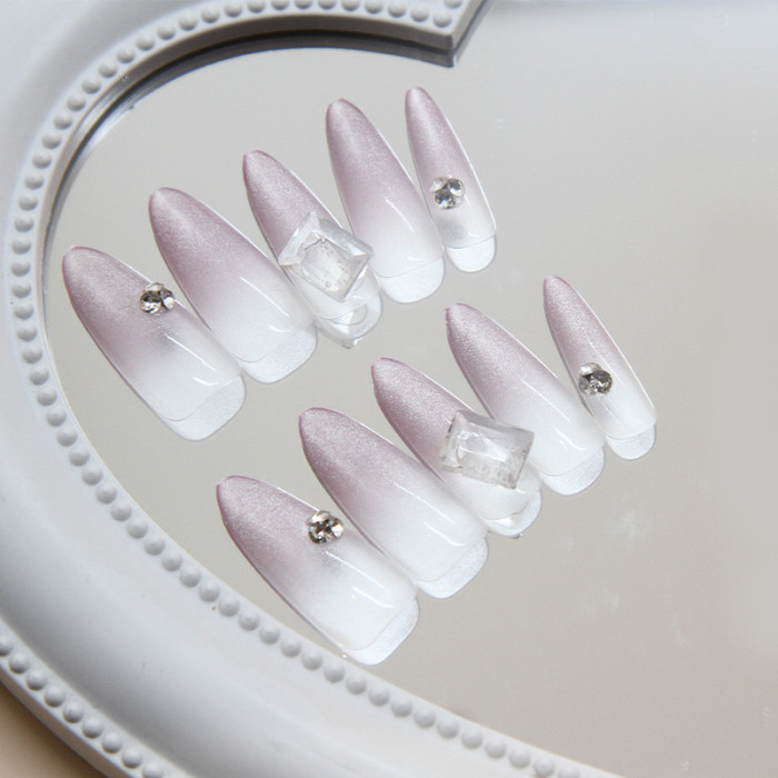💅 Cat Eye Gradient Almond Nail Tips - Rhinestone Glossy Acrylic Nail Stickers
