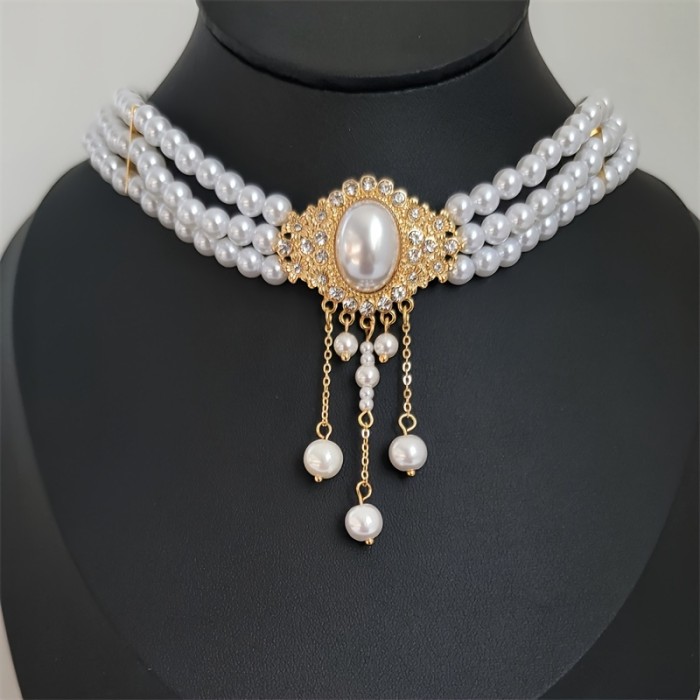 Elegant Vintage Oval Faux Pearl Tassel Decorative Necklace Baroque Style Neck Jewelry Gift
