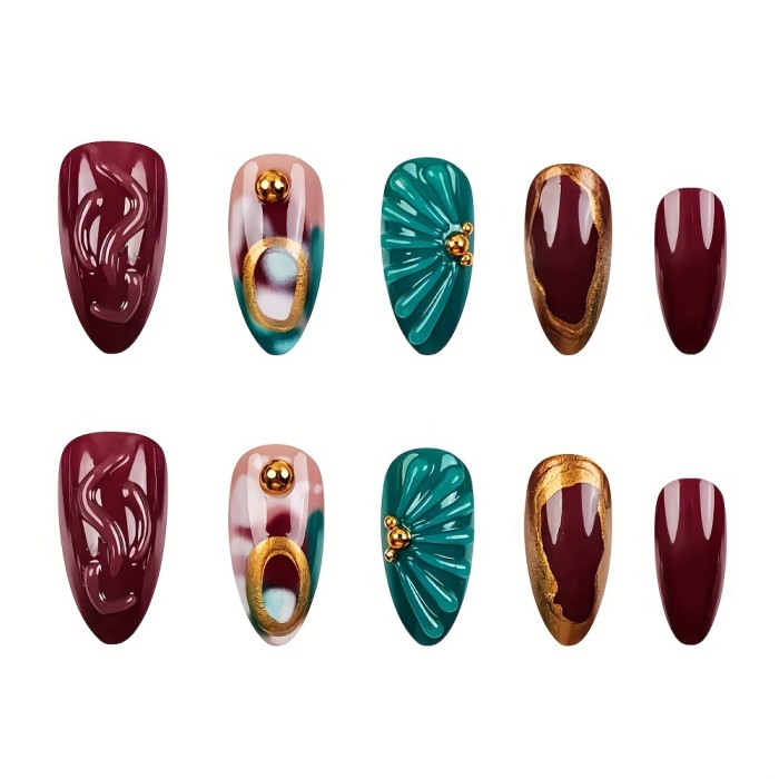 💅 Red Blue Shell Gilding Almond Press On Nails