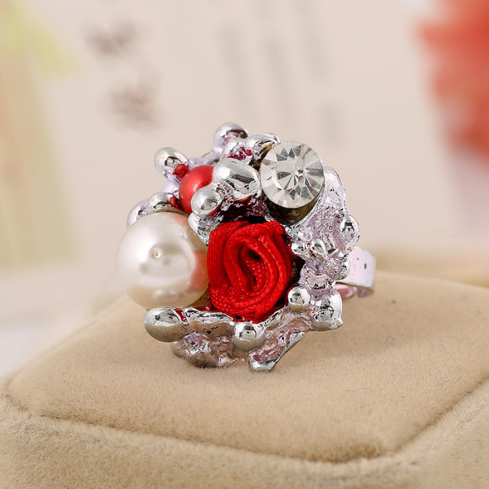 Korean Fashion Rose Opening Adjustable Ring Simple Temperament Elegant Trendy Exaggerated Inlaid Ring Birthday Gift for Women