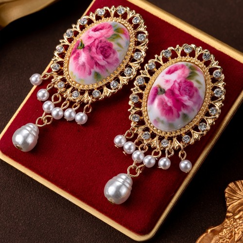 💎 Vintage Court Style Tassel Earrings - Irregular Faux Pearl & Rhinestone Floral Oval Statement Earrings