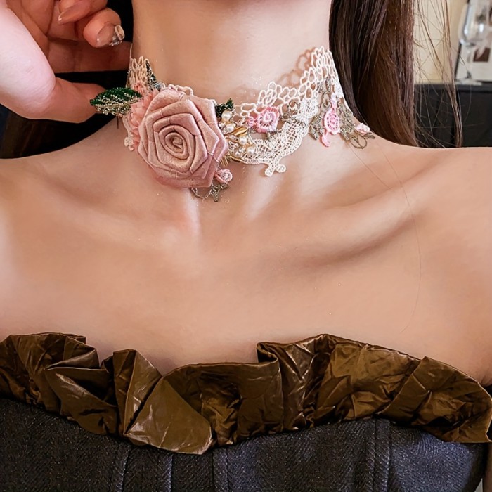 🌹 Sweet Fabric Rose Flower Necklace - Niche Romantic High-End Women's Necklace