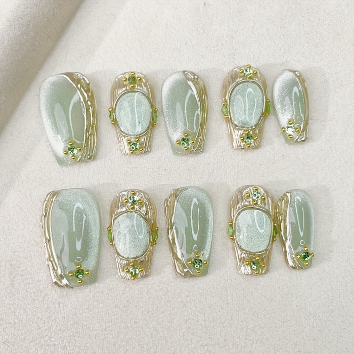 🍇 Green Grape Cyan Short Coffin Press-On Nails