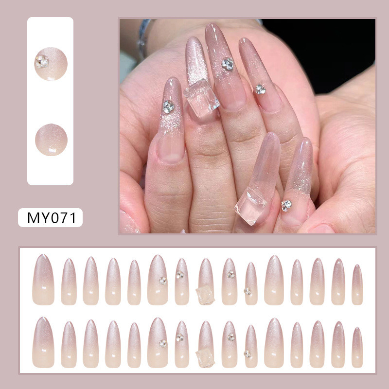 💅 Cat Eye Gradient Almond Nail Tips - Rhinestone Glossy Acrylic Nail Stickers