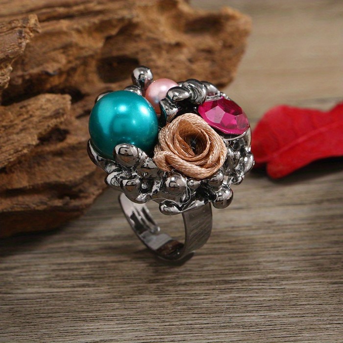 Korean Fashion Rose Opening Adjustable Ring Simple Temperament Elegant Trendy Exaggerated Inlaid Ring Birthday Gift for Women
