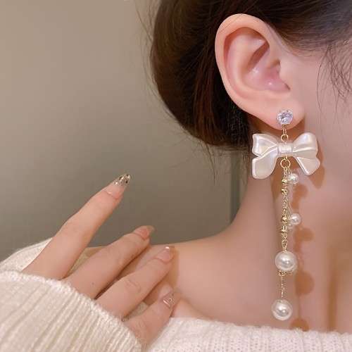 Sweet Princess Bow Pendant Tassel Earrings Studs Elegant Women's Banquet Daily Versatile Ear Accessories