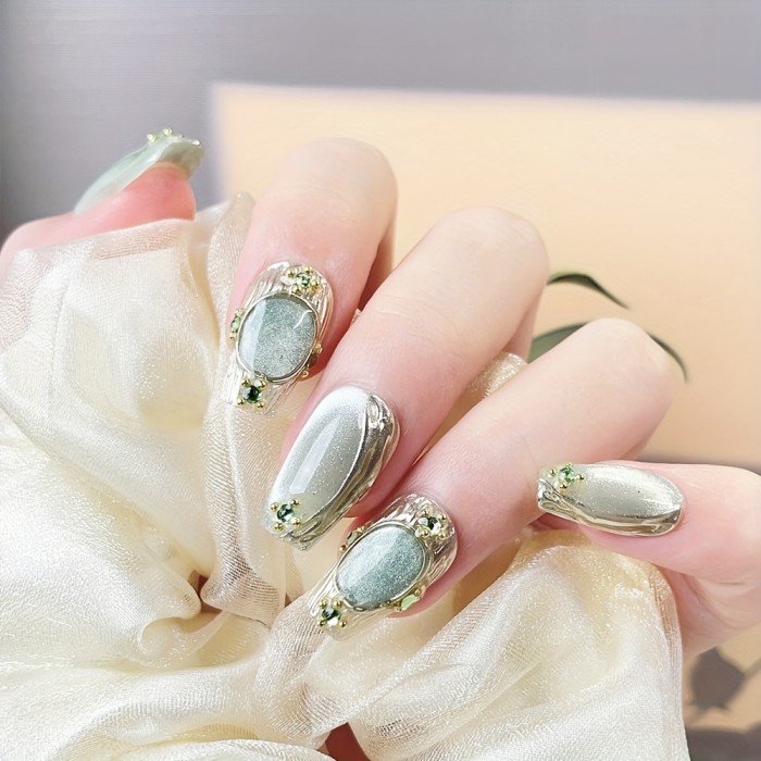 🍇 Green Grape Cyan Short Coffin Press-On Nails