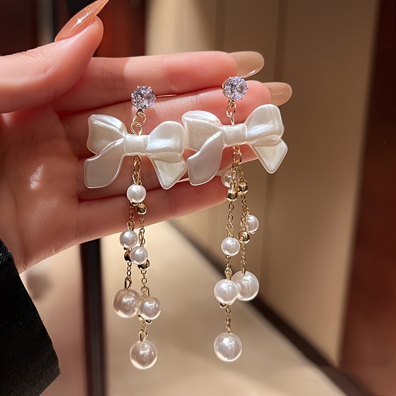 Sweet Princess Bow Pendant Tassel Earrings Studs Elegant Women's Banquet Daily Versatile Ear Accessories