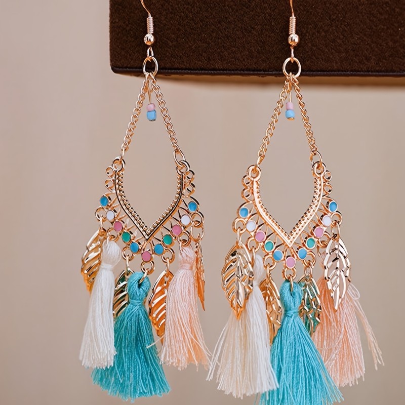 🌿 Vintage Boho White Tassel Leaf Dangle Earrings - Elegant Zinc Alloy Daily & Vacation Jewelry