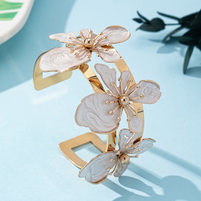 A Stylish and Elegant Women's Floral Enamel Open Bangle Bracelet
