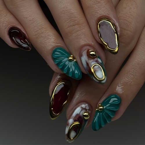 💅 Red Blue Shell Gilding Almond Press On Nails