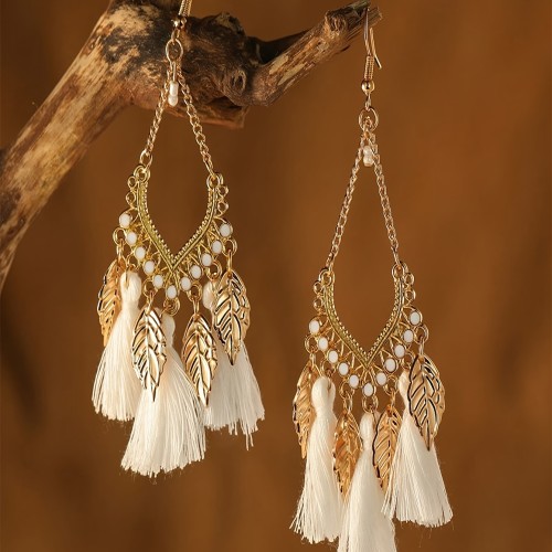 🌿 Vintage Boho White Tassel Leaf Dangle Earrings - Elegant Zinc Alloy Daily & Vacation Jewelry