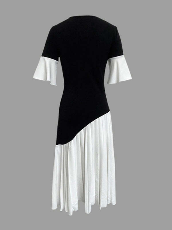 Flared Sleeves Half Sleeves Pleated Split-Joint Round-Neck Midi Dresses