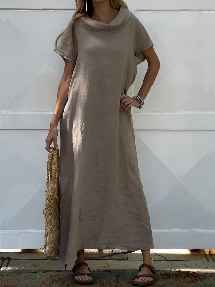 Solid Color Short Sleeves Loose Round-Neck Maxi Dresses