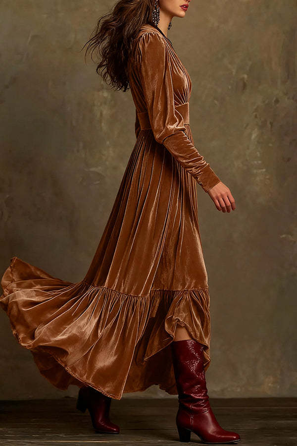 Fashionable Velvet V-neck Long-sleeved High-waisted Maxi Dress