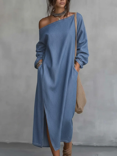 Split-front Solid Color Pockets Loose Long Sleeves One-shoulder Maxi Dresses