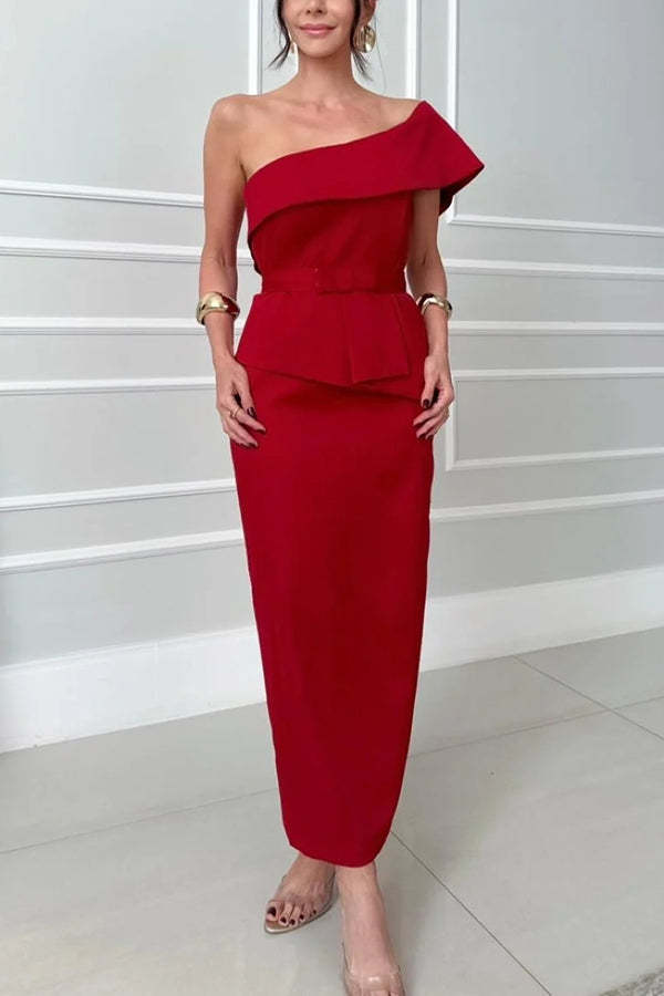 Sweet Party One Shoulder Lapel Neck Sleeveless Bow Belt Pencil Midi Dress