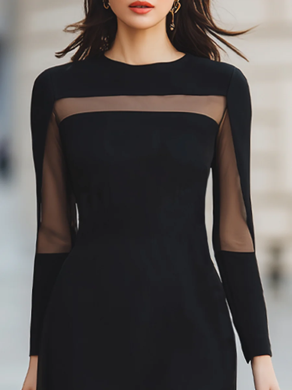 Solid Color Hollow Long Sleeves Bodycon Round-Neck Midi Dresses