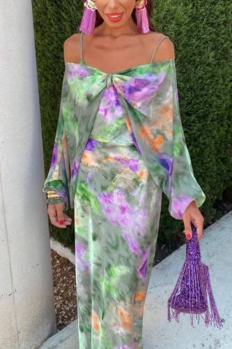 Artistic tie-dye off-shoulder bow suspender long dress two-piece set