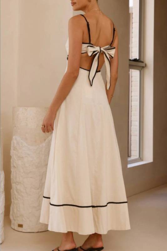 Thin Spaghetti Strap Color-Blocked Binding Cutout Back Bow Flared Hem Maxi Dress