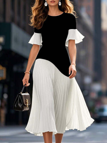 Flared Sleeves Half Sleeves Pleated Split-Joint Round-Neck Midi Dresses