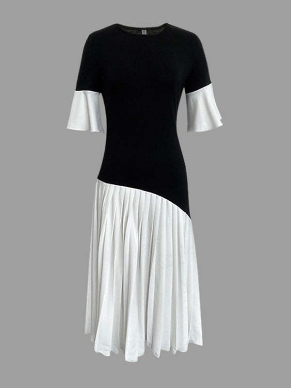 Flared Sleeves Half Sleeves Pleated Split-Joint Round-Neck Midi Dresses