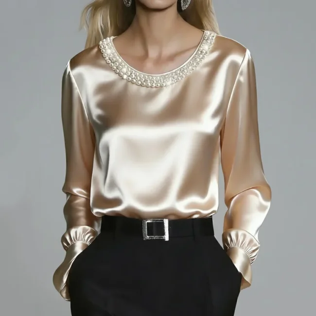 Women's Elegant Satin Pearl Crew Neck Single Long Sleeve Blouse
