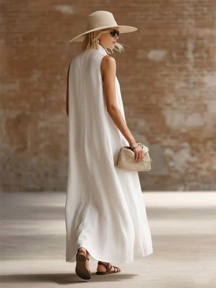 Stylish Stand-up Collar Frog Buttons Loose Linen-cotton Maxi Dress