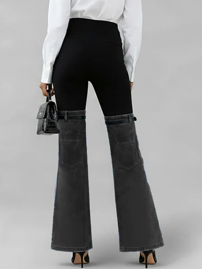 Women's High-waisted Color-blocked Loose-fitting Slightly Flared Jeans