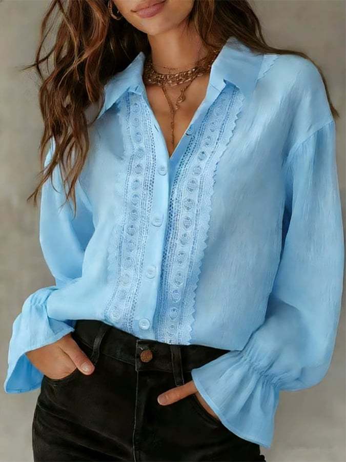 Women'S Solid Color Lapel Single-Breasted Shirt With Lace Splicing
