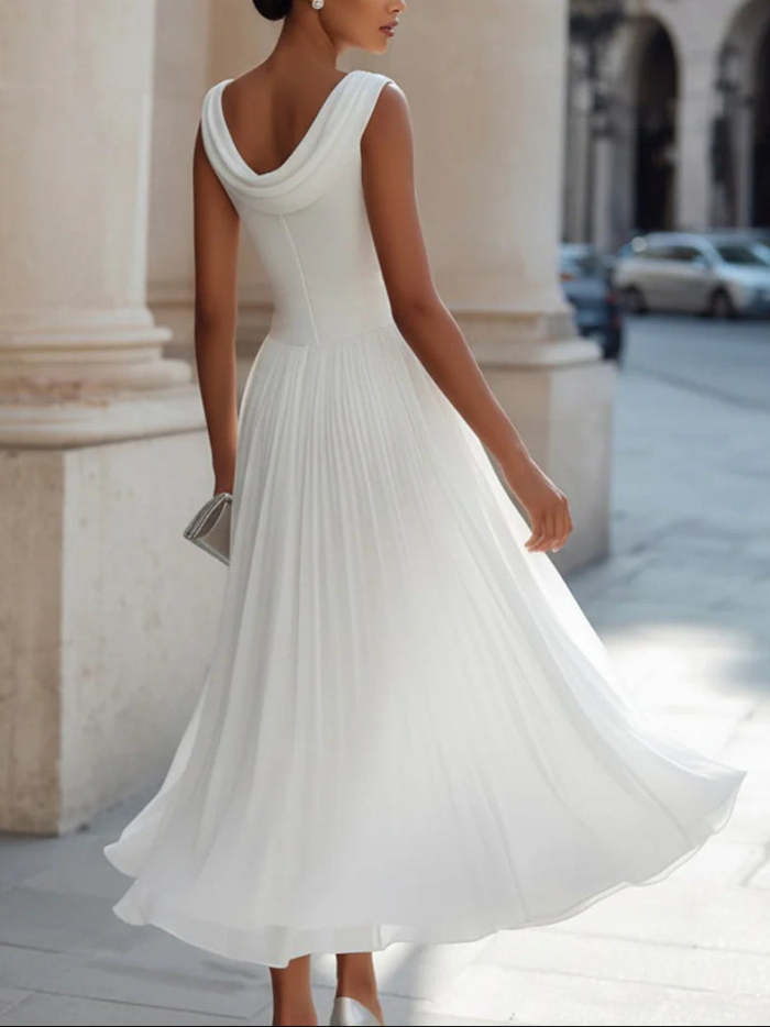 Draped Neck Sleeveless Pleated Midi Dress