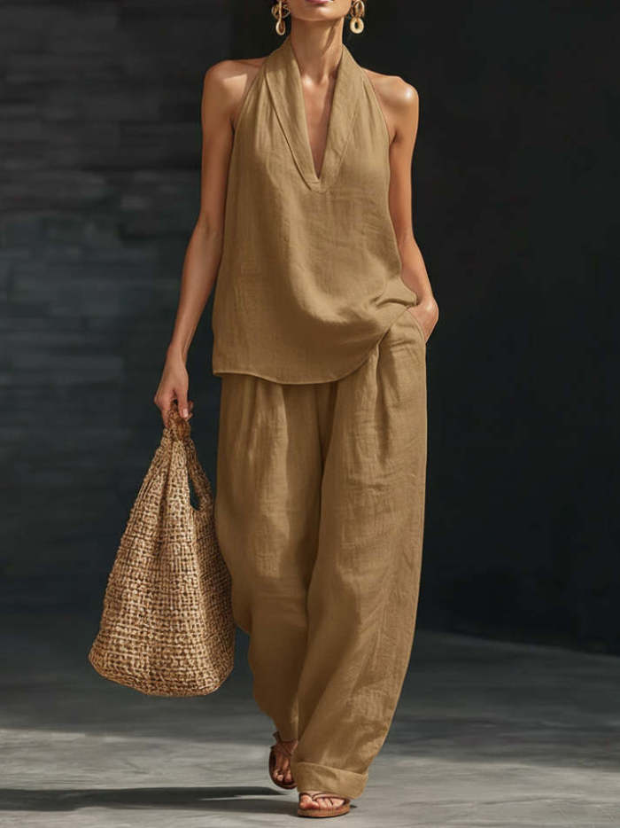 White Faux Linen V-neck Sleeveless Top And Wide-leg Pants Set