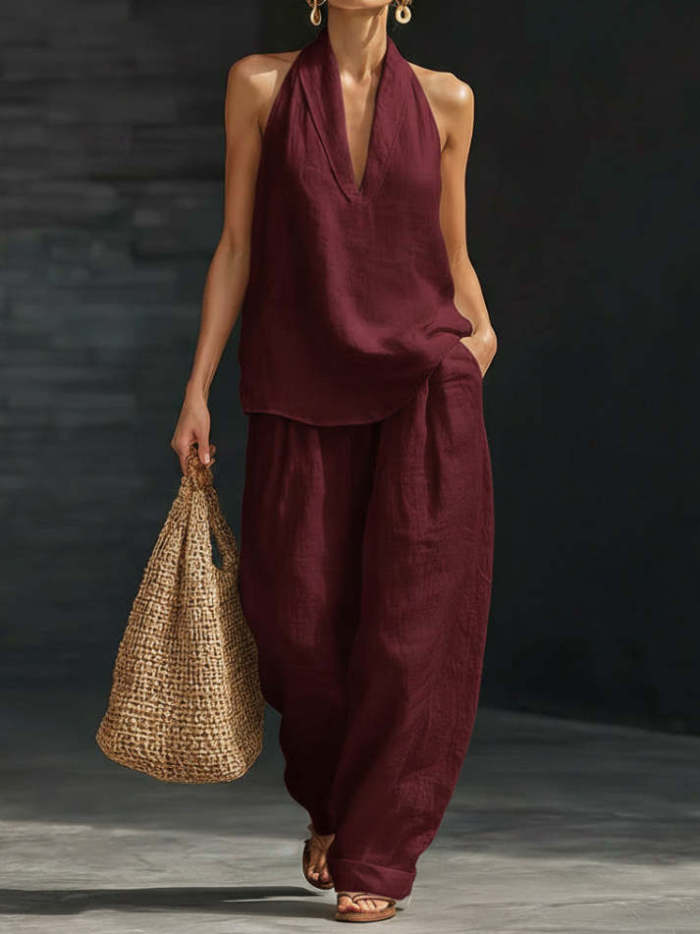 White Faux Linen V-neck Sleeveless Top And Wide-leg Pants Set
