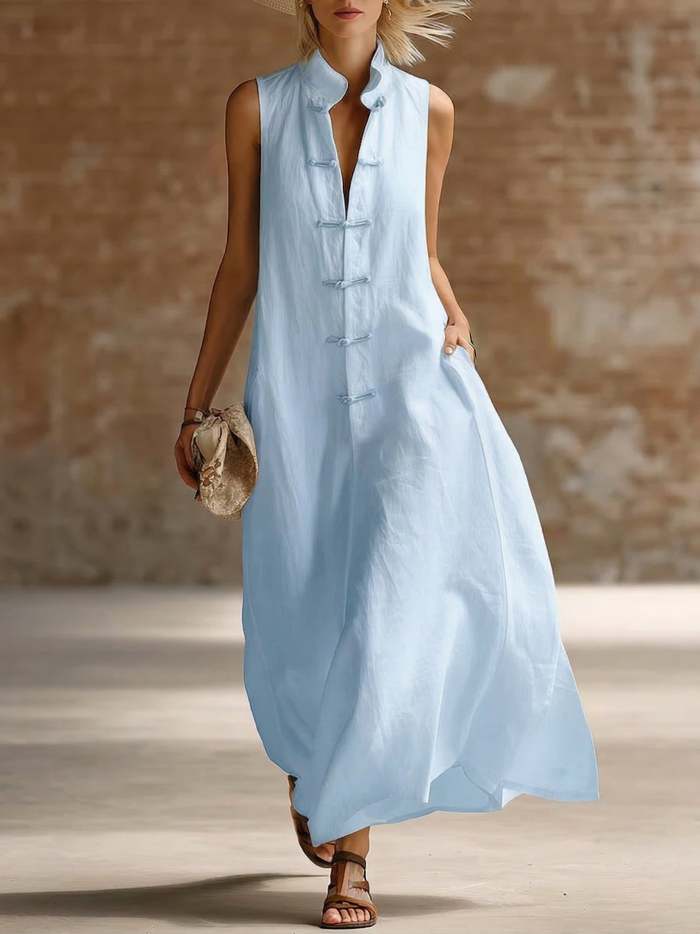 Stylish Stand-up Collar Frog Buttons Loose Linen-cotton Maxi Dress