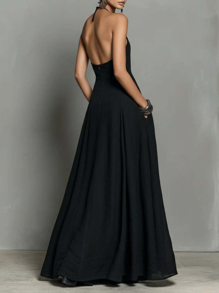Black Minimalist Faux Linen Blend Backless Halter Neck Sleeveless Maxi Dress