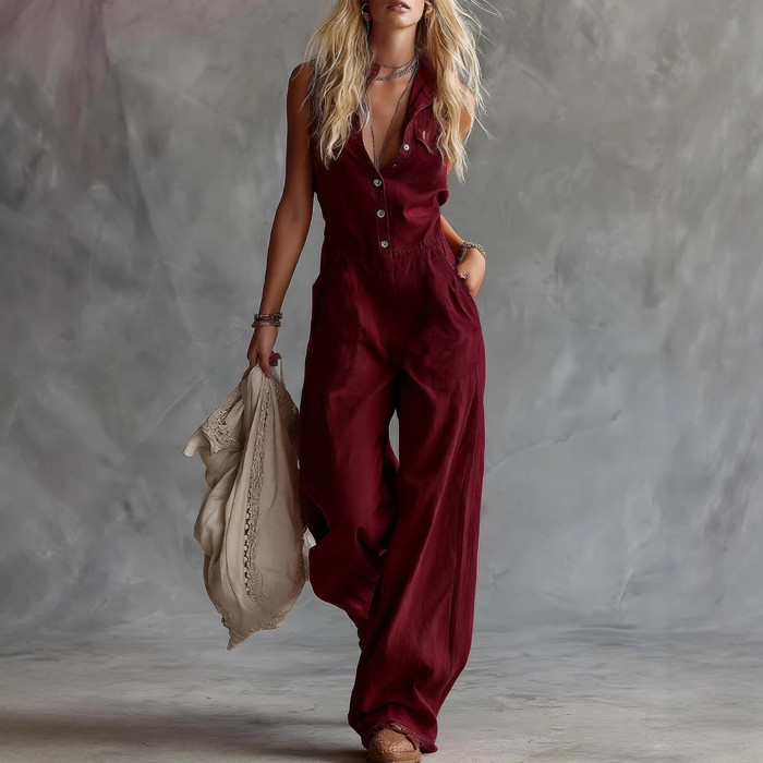 Women's Solid Color Shirt Collar Sleeveless Casual Loose Cotton And Linen Wide-leg Jumpsuit