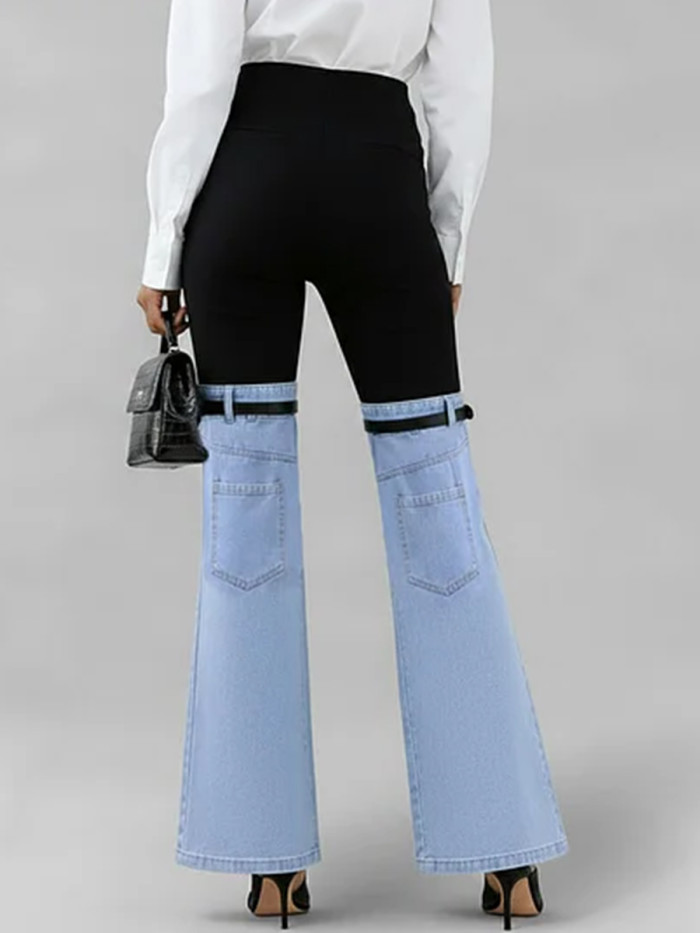 Women's High-waisted Color-blocked Loose-fitting Slightly Flared Jeans