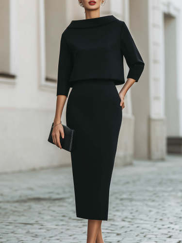 Boat Neck Top And Midi Skirt Set