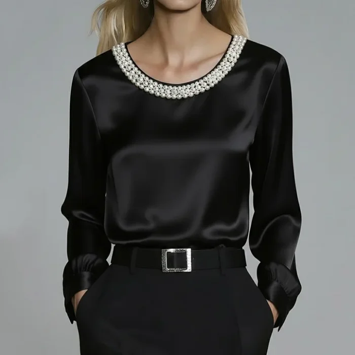 Women's Elegant Satin Pearl Crew Neck Single Long Sleeve Blouse