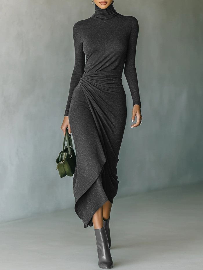 Dark Green Turtleneck Pleated Irregular Wrap Midi Dress