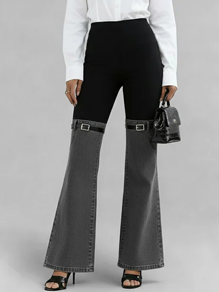 Women's High-waisted Color-blocked Loose-fitting Slightly Flared Jeans