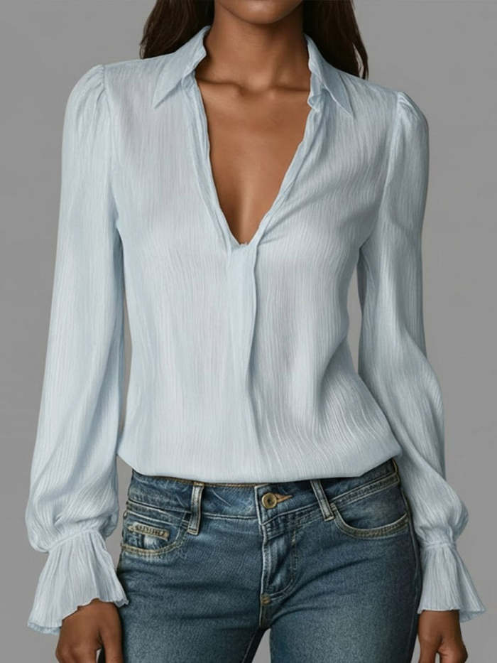Women's Solid Color V-neck Long-sleeved Casual Loose Cotton Top