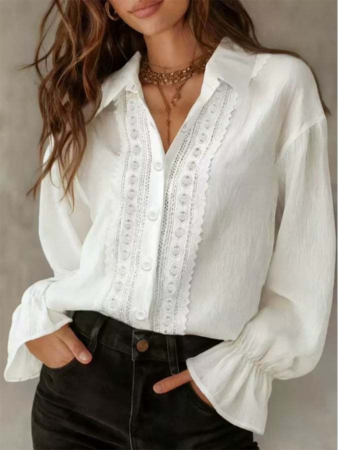 Women'S Solid Color Lapel Single-Breasted Shirt With Lace Splicing