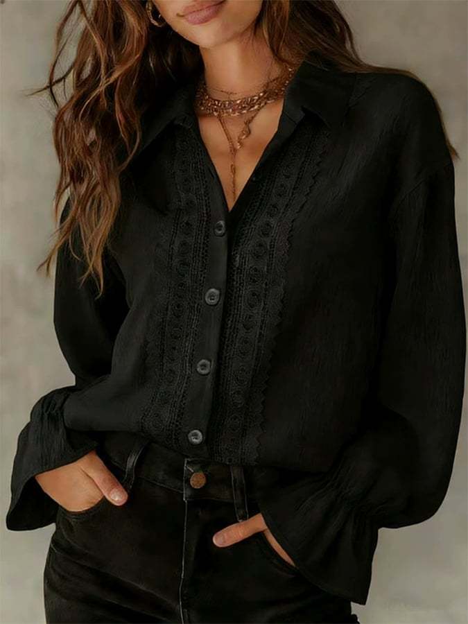 Women'S Solid Color Lapel Single-Breasted Shirt With Lace Splicing