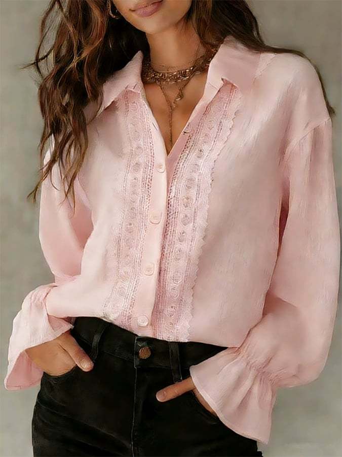 Women'S Solid Color Lapel Single-Breasted Shirt With Lace Splicing