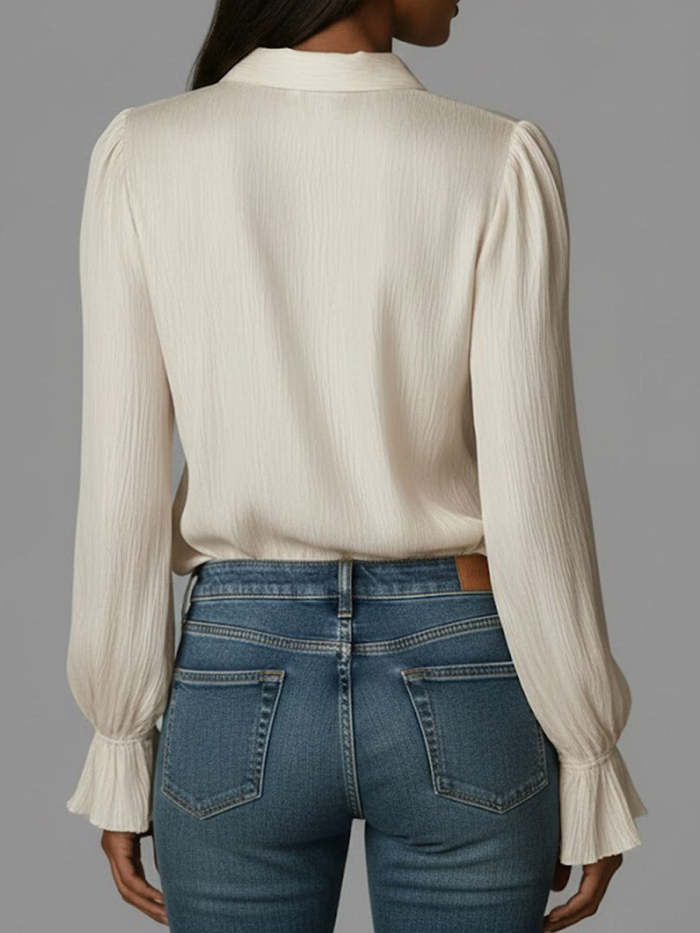 Women's Solid Color V-neck Long-sleeved Casual Loose Cotton Top